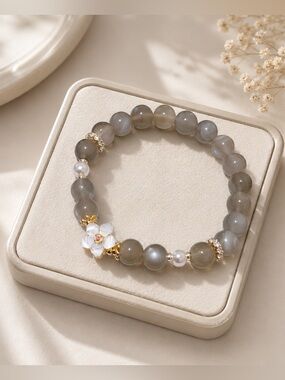 Handmade Natural Black Moonstone Bracelet Real Mother of Pearl Sakura Flower